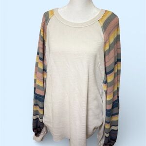 We The Free Cream Top with Multicolor Striped Sleeves